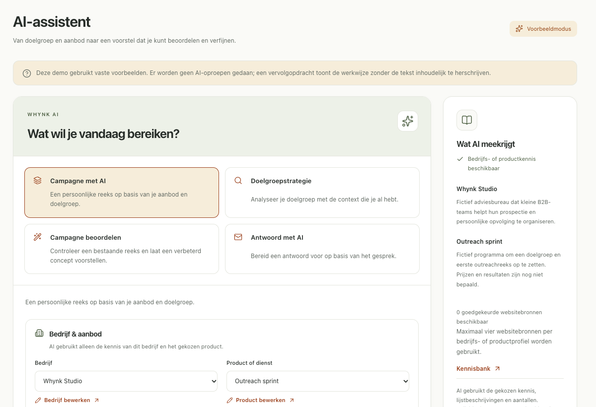 Echt Whynk-scherm met AI-werkstromen en kennis van het gekozen bedrijf en aanbod